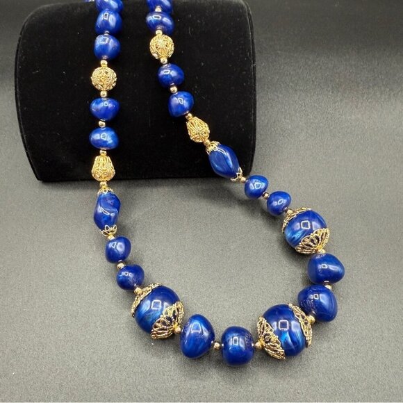 Trifari Signed Blue and Gold Beaded Filigree Elegant Necklace - Picture 3 of 9